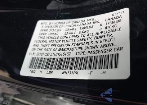 2017 Honda Civic Lx z USA, uszkodzony, nr VIN 2HGFC2F51HH515162